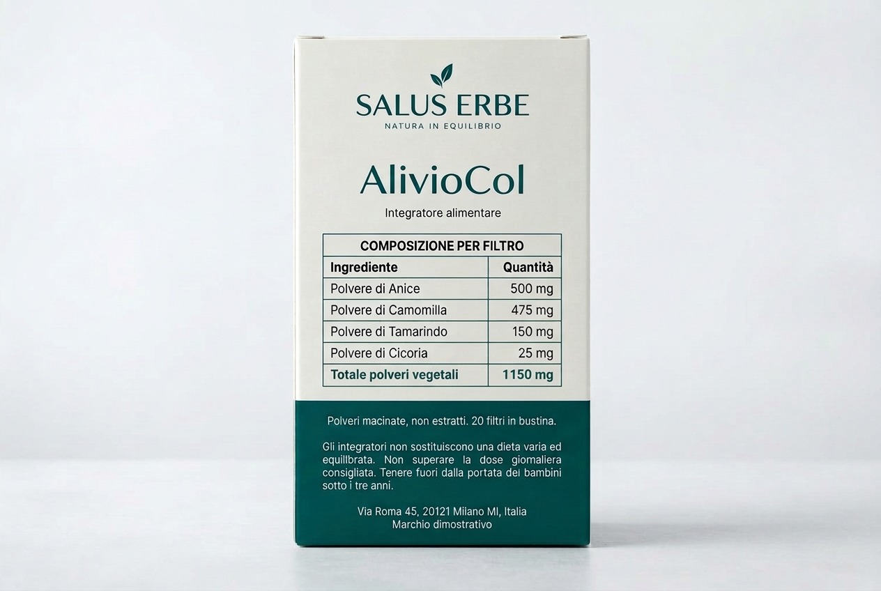 Retro della confezione AlivioCol con la composizione per filtro: anice 500 mg, camomilla 475 mg, tamarindo 150 mg e cicoria 25 mg