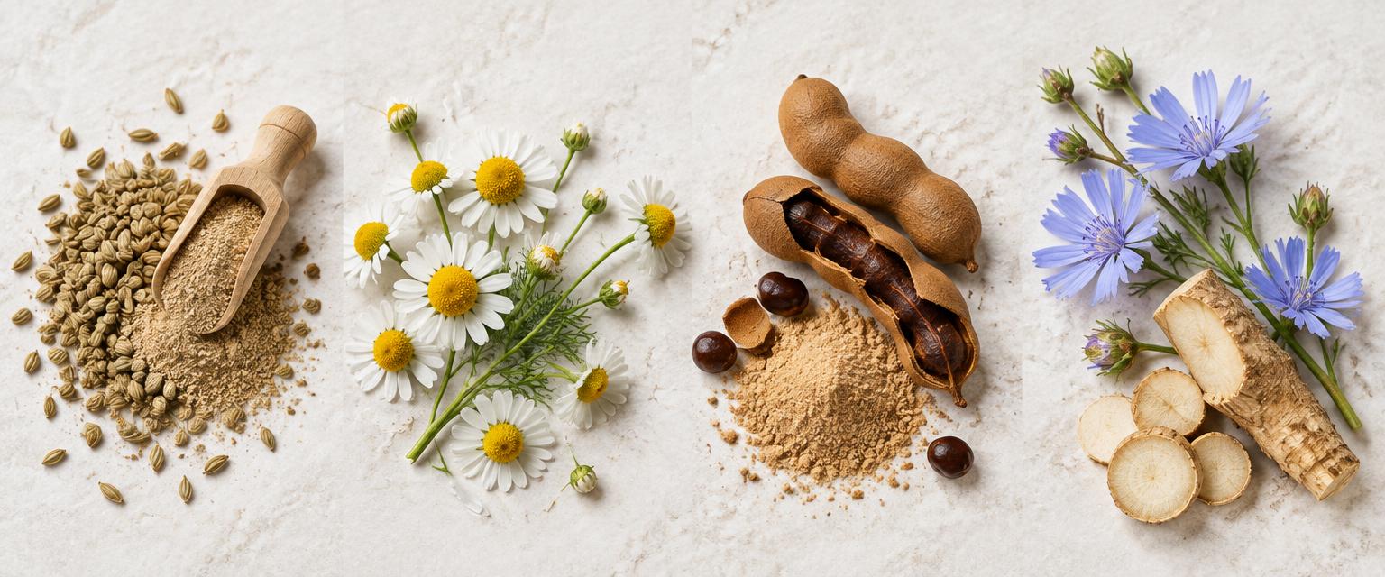 Anice, fiori di camomilla, tamarindo e radice di cicoria